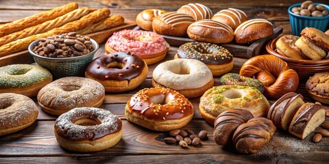 Variety of fresh baked donuts and bread at a dessert bakery, desserts, bakery, sweets, pastries, baked goods, donuts, bread
