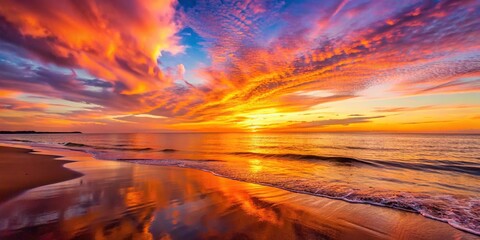 Wall Mural - Sunset casting orange and pink hues over the tranquil beach , beach, sunset, ocean, dusk, evening, sky, horizon, waves, sand