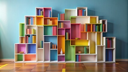 Wall Mural - Abstract geometric shapes in a colorful composition on an empty bookcase background, geometric, abstract, composition
