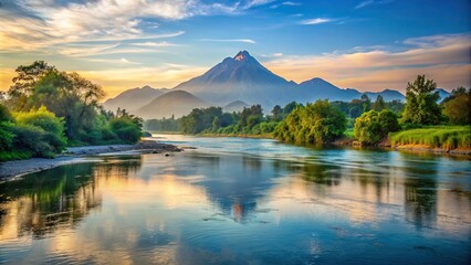 Wall Mural - River view with mountain background in the morning, river, view, mountain, background, morning, nature, serene, peaceful
