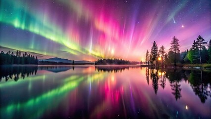 Wall Mural - Ethereal pink aurora dancing over mirror lake , night sky, natural beauty, reflection, peaceful, serene, tranquil, calm