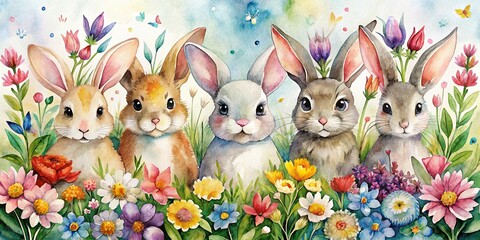 Watercolor of joyful rabbits surrounded by colorful flowers, watercolor, rabbits, happy, flower,painting, spring, cute