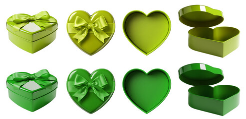 Wall Mural - 2 Set of dark light green lime gift present heart love shape box with bow ribbon on transparent cutout PNG. Mockup template for design. perspective open close side flat lay view different angle