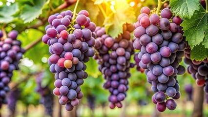 Wall Mural - Cluster of ripe purple grapes on a vine, grapes, bunch, vineyard, fruit, fresh, organic, agriculture, harvest, juicy, winemaking