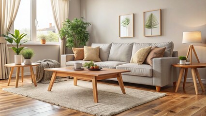 Wall Mural - Cozy living room interior with comfortable sofa, wooden coffee table and soft rug, cozy, living room, interior, sofa