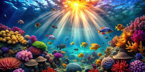 Wall Mural - A surreal underwater world with vibrant coral reefs, colorful fish, and sun rays filtering through the water