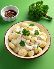 Fresh homemade creamy potato salad on green background