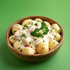 Fresh homemade creamy potato salad on green background