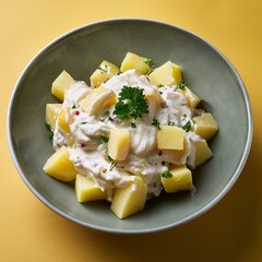 Fresh homemade creamy potato salad on yellow background