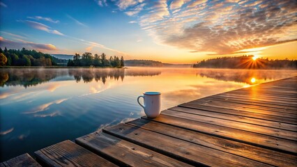 Wall Mural - Serene sunrise scene on wooden pier with coffee mug overlooking tranquil lake for solitude and reflection
