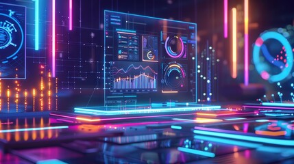 Wall Mural - Futuristic Technology Background with Neon Lights, Graphs, and Data Analysis Screens. Concept of Big Data, Artificial Intelligence, and Digital Transformation