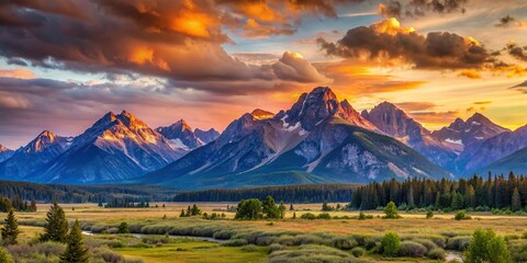 Wall Mural - Scenic view of Montana mountains basking in the warm glow of sunset , Montana, mountains, scenic, view, sunset