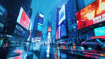 Wall Mural - Neon Cityscape, Rainy Night, Digital Art