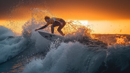 Sticker - Surfer catching a wave at sunset.