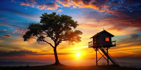 Treehouse silhouette against a sunset sky in a tranquil setting, treehouse, sunset, sky, tranquil, nature, outdoor, adventure