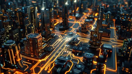 Wall Mural - Luminous futuristic city on an extensive illuminated circuit board