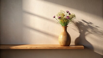Wall Mural - Wooden shelf with a brown vase holding beautiful flowers casting shadows on the wall in a room showcase, wooden shelf, showcase