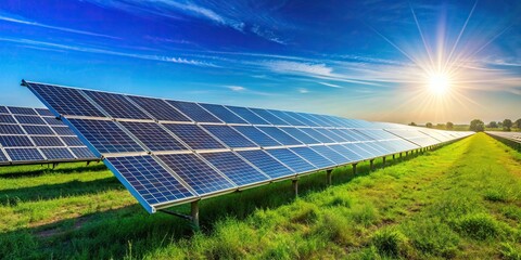 A serene image of a solar panel field under a clear blue sky, Renewable energy