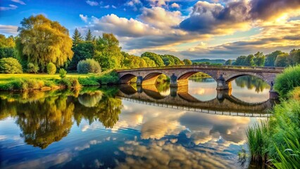 Scenic landscape featuring a picturesque bridge over a tranquil river, bridge, landscape, nature, water, peaceful
