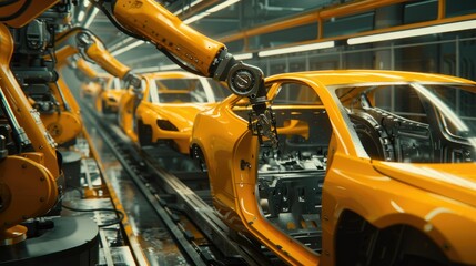 Wall Mural - Robotic arms assembling a car on an automated production line in a modern car factory. Concept of automation, industry 4.0, and advanced manufacturing.