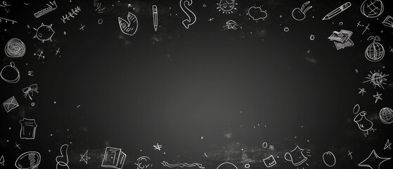 A black chalkboard background with a hand drawn doodle border of various back to school-themed elements, including books, pencils, stars, clouds, and other classroom symbols. Back to school