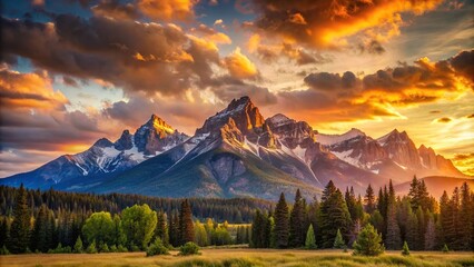 Wall Mural - Beautiful sunset casting warm glow on the majestic mountains, sunset, mountains, landscape, nature, colorful, sky, dusk