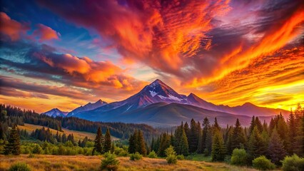 Vibrant sunset casting warm colors over a majestic mountain landscape, sunset, mountain, vibrant, colors, warm, landscape, nature