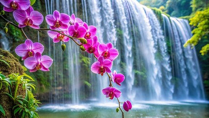 Canvas Print - Aerial view of orchids descending from waterfall in a mesmerizing dance , orchid, blooms, waterfall, mesmerizing