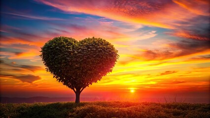 Wall Mural - Vibrant heart-shaped bush silhouetted against a beautiful sunset , love, nature, romantic, outdoors, landscape