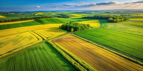 Poster - Top down view of lush green and vibrant yellow field in the countryside, scenic, agriculture, farm, rural, landscape