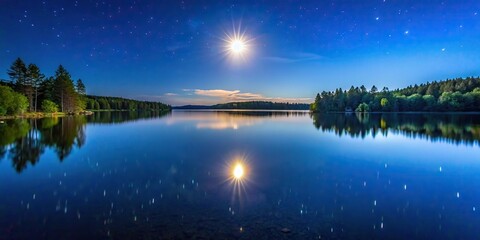 Wall Mural - Moon reflecting over a serene lake on a clear night, perfect for astrophotography enthusiasts , moon, lunar phase, lake