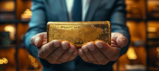 Poster - Businessman hold a gold bar. Money business finance investment reserve currency value. Generative AI technology.	
