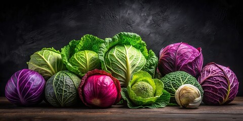 Various types and colors of cabbages on a dark background, cabbage, different, varieties, red, green, purple, yellow, leaves
