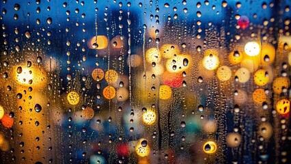 Wall Mural - Water drops on a window with blurred city lights in the background, raindrops, condensation, glass, wet, window pane