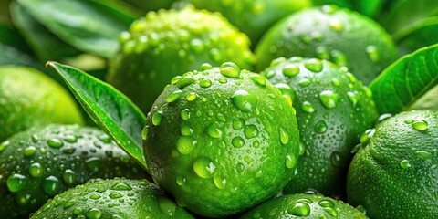 Wall Mural - Close-up of fresh green limes with droplets of water and vibrant green leaves , citrus, fruit, lime, green