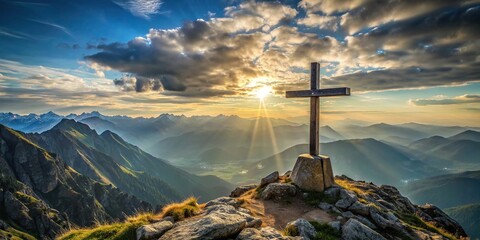 Wall Mural - Scenic view of a cross standing in the mountains , religion, faith, spiritual, cross, Christianity, landscape, mountains