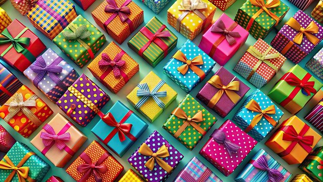 Colorful gift boxes with a vibrant pattern background, gift boxes, colorful, pattern, background, celebration, holidays