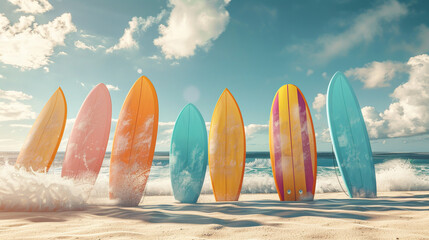 Wall Mural - A row of surfboards are lined up on a beach