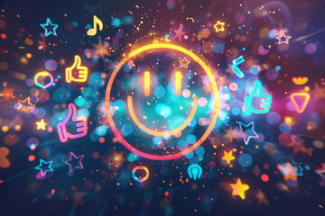 Wall Mural - A colorful image of a smiling face surrounded by stars and other symbols