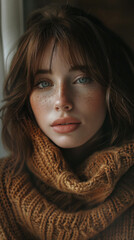 Wall Mural - A woman with a brown sweater and a scarf around her neck