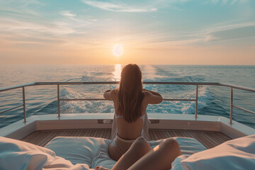 Wall Mural - A woman is sitting on a boat and watching the sun set over the ocean