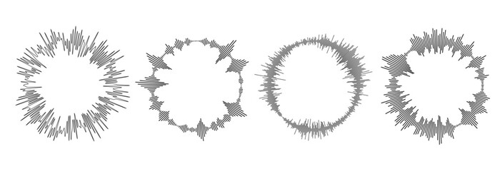 Poster - Radial sound wave ray pattern set. Circle sun burst beams collection. Circular audio, music or voice icon bundle. Round equalizer spectrum symbol pack. Vector black wavy soundwave center elements
