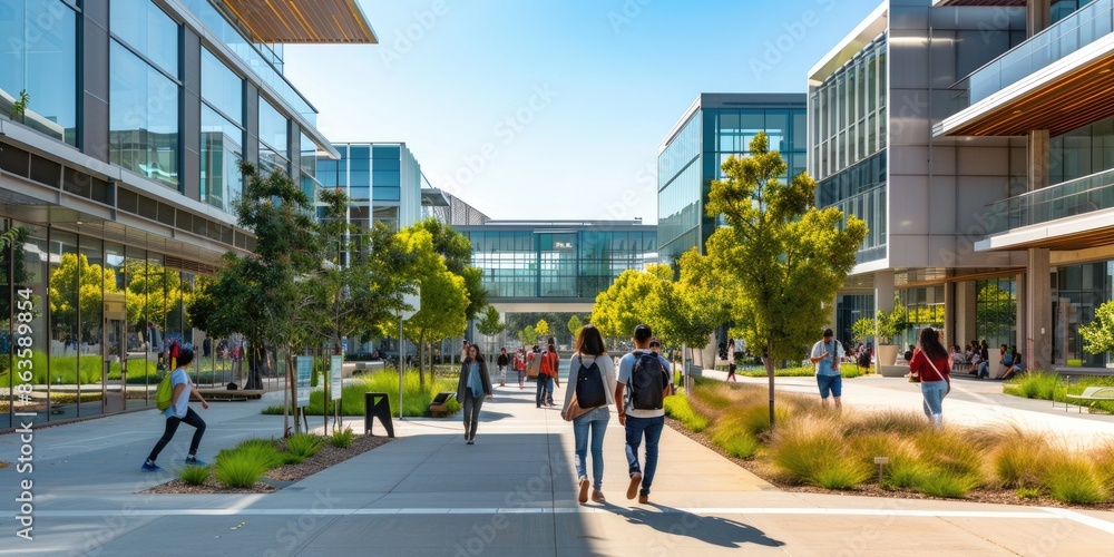 Students walking on a modern university campus on a sunny day with ...