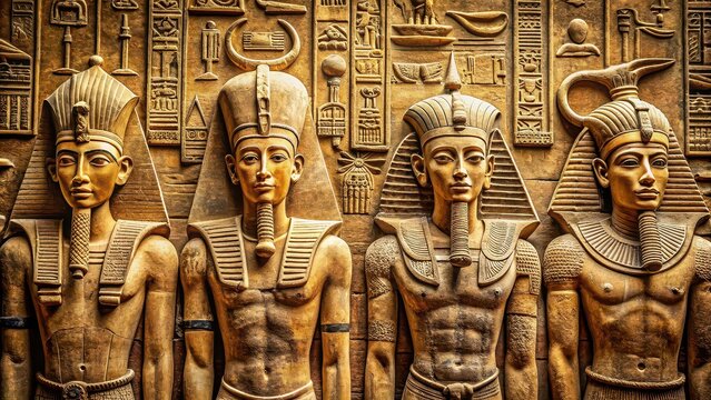 Ancient sculptures of Egypt featuring hieroglyphics and pharaohs , Egypt, history, stone