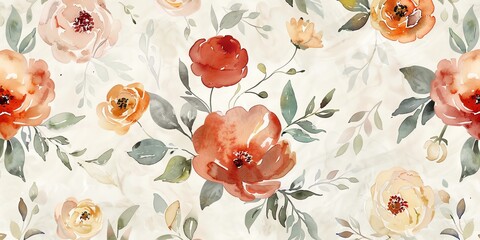 Wall Mural - A pattern of wildflowers painted in watercolor, each one uniquely detailed and arranged in a repeating design against a soft, muted background