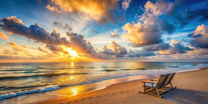 Quiet and peaceful beach scene at sunrise , serene, tranquil, morning light, calm, seaside, nature, horizon, sand