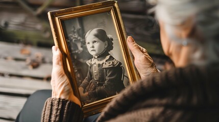 Elderly woman looks at vintage photo of her childhood portrait. Senior lady holding in hand old photo frame. Memories, nostalgia, family album