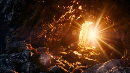 Empty tomb with stone rocky cave and light rays bursting from within. Easter resurrection of Jesus Christ. Christianity, faith, religious, Christian Easter concept