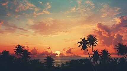 Tropical Island Sunset with Silhouette Palm Trees and Calm Waters Reflecting the Vibrant Sky Natural Background