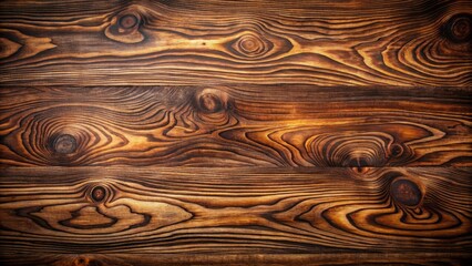 Sticker - Dark wooden background with a brown wooden board featuring a unique natural pattern of swirling wood grain, rich brown tones, and intricate texture details.